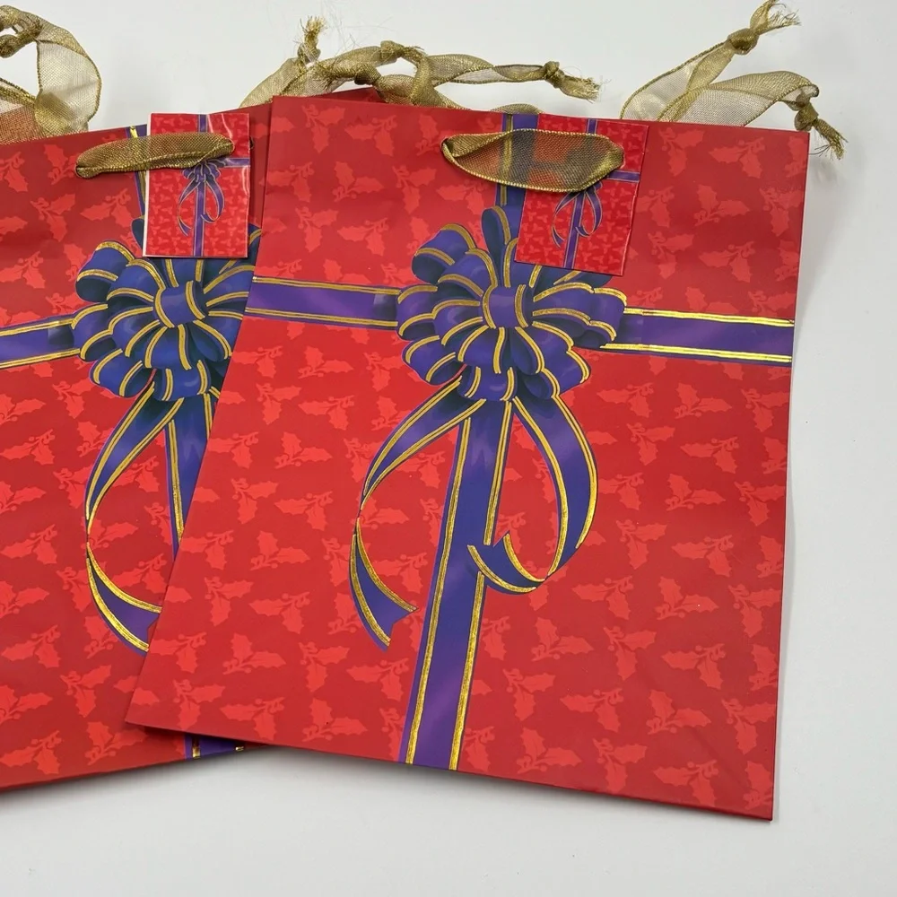 Set of 3 Red Christmas Gift Bags with Gold Ribbon Handles